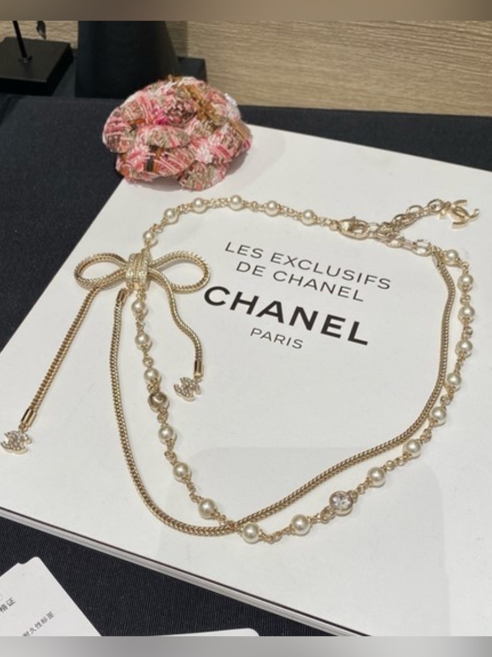Chanel Champagne Faux Pearl & Crystal CC Bow Lariat Necklace B24